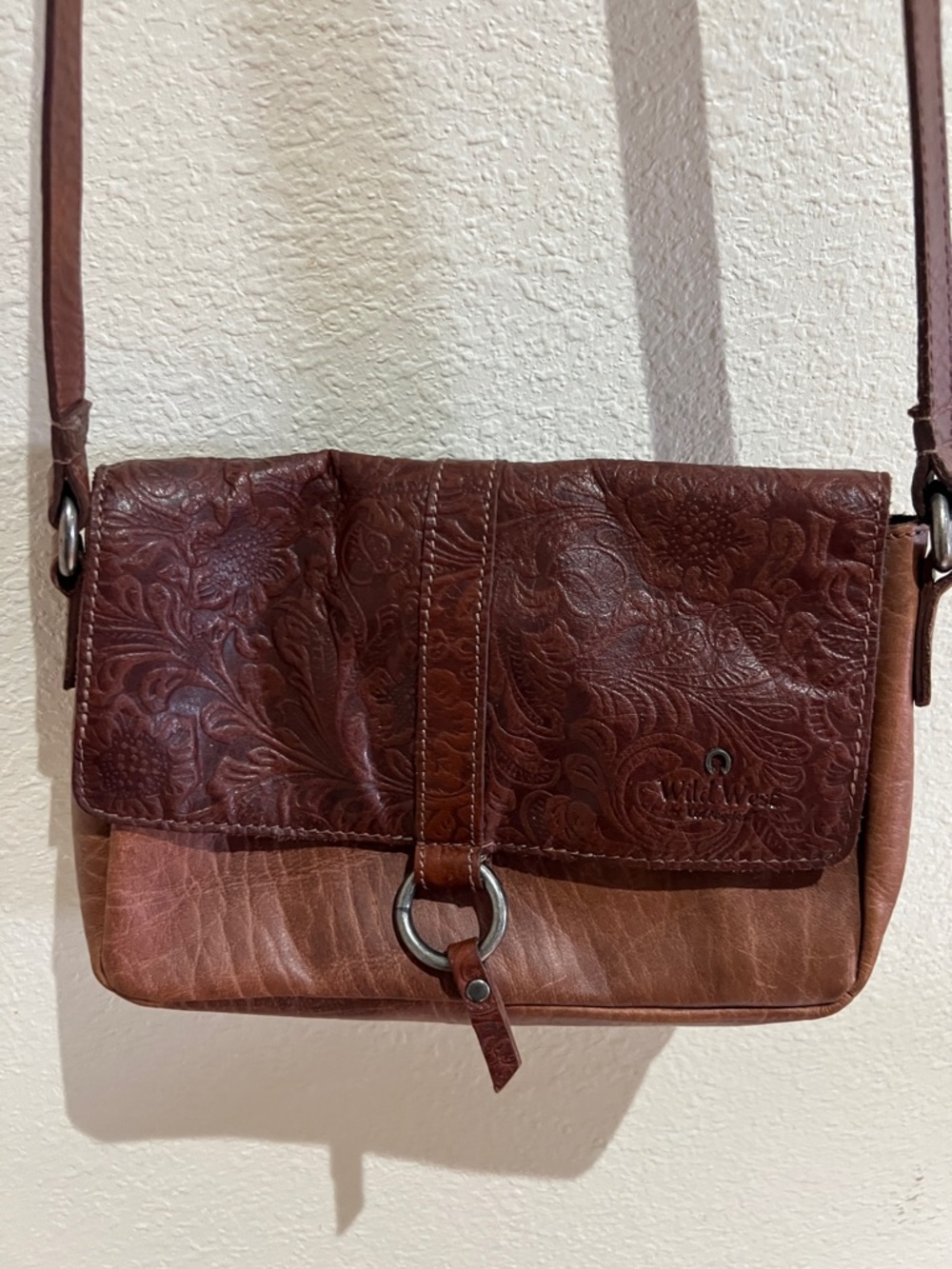Tooled Leather Brown Floral Crossbody Bag by Willow